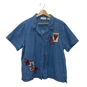 100% Cotton Denim Vintage Button-Up with Star Patches, Lemon Grass, Women’s XL